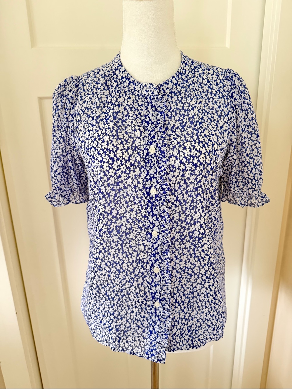 J. Crew Factory Blue and White Floral Short-Sleeve Button Blouse